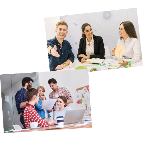 people in a happy workplace collaborating with eachother